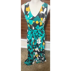 Calvin Klein Green Dress Career Floral Sleeveless Stretch Midi Tie belt sz XS